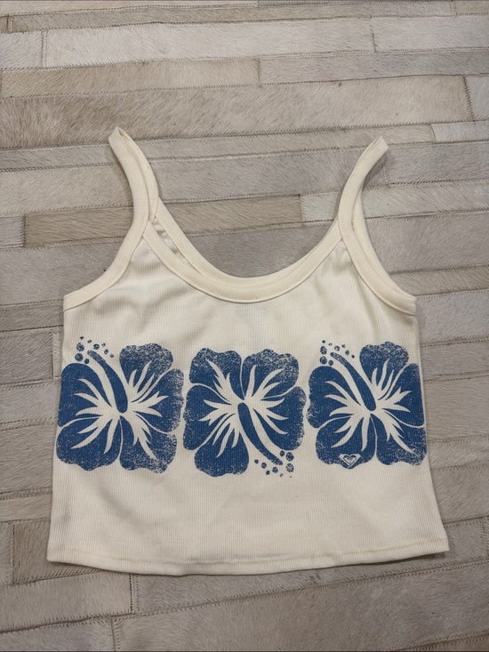 Roxy Tops - ROXY Ribbed Cream Tank Top with Blue Hibiscus Print